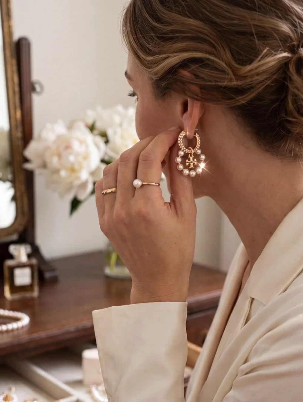 Tory Burch Gold and Pearl Hoop Drop Earrings with Pearl Charm